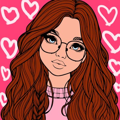 girl with long hair and freckles and glasses realistic