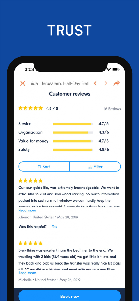 A screenshot of the Israel Travel Guide app displaying positive customer reviews and high ratings for service and safety