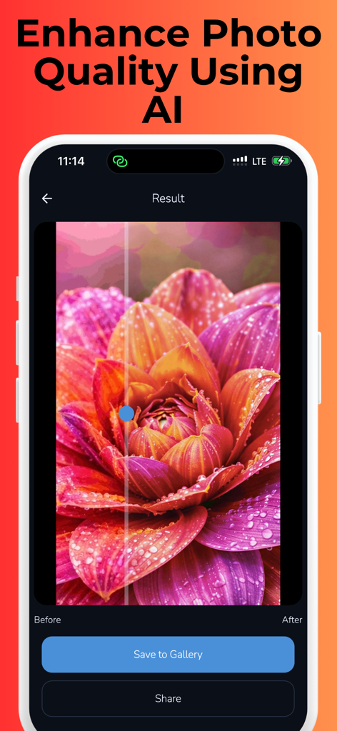 Sharpen - AI Photo Enhancer - Interface do aplicativo Sharpen, mostrando uma comparação antes e depois de uma foto de flor aprimorada com IA