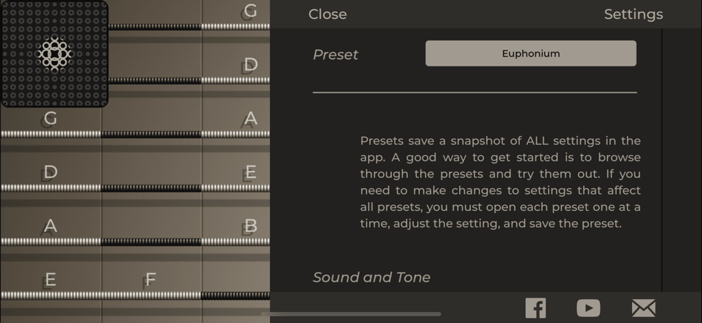 iFretless Brass - ifretless brass interface showing the settings menu and fretboard layout for instrument presets