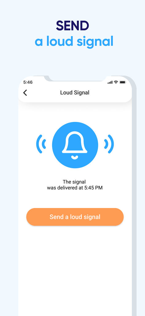 Interface of the GPS Tracker app showing the send a loud signal feature with a large bell icon and alert button