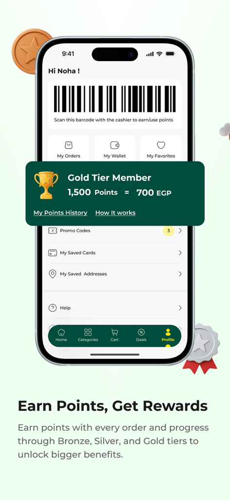 Spinneys Mobile App Profilbildschirm mit Gold-Tier-Treuestatus und gesammelten Punkten.