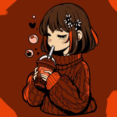 manga girl drinking boba in cozy sweater
