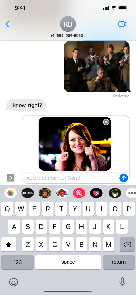 GIFwrappedアプリの連携を通じてリアクションGIFが共有されている、iPhoneのiMessage会話。 mostrar.