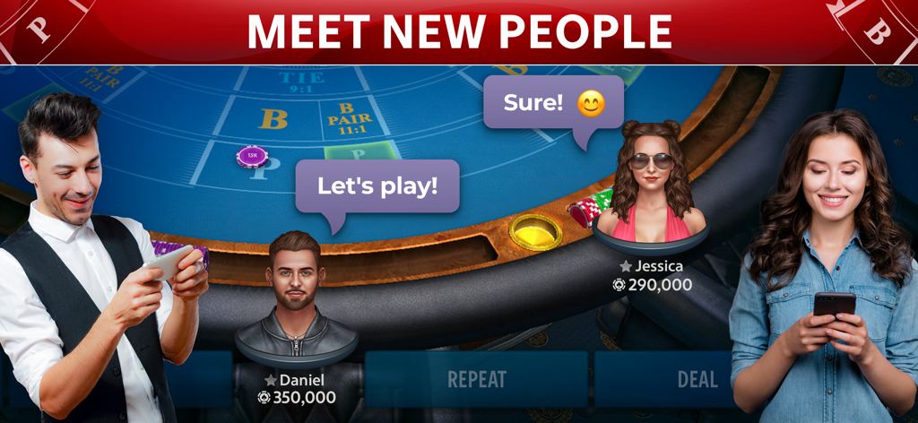 Baccarat online: Baccarist - Pantalla de juego de baccarat social que muestra el chat en el juego y los avatares de los jugadores con el texto Conoce gente nueva