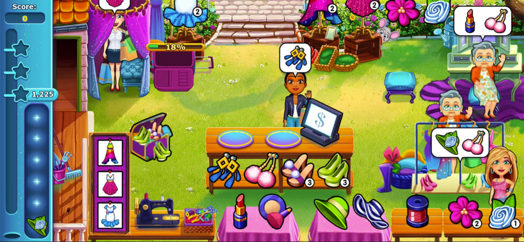 Angela gérant des clients et des articles de mode dans sa boutique dans le gameplay de Fabulous Angela's True Colors.