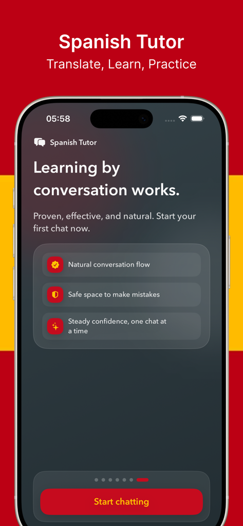 Spanish Tutor app interface highlighting conversational learning benefits