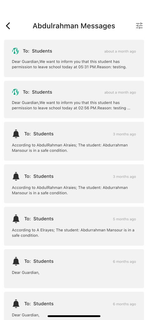 Mobile screen display of DirectSchool app showing school notifications and safety status updates for a student
