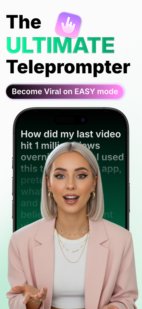 Teleprompter Video ™ - Una mujer grabando un vídeo profesional usando la aplicación Teleprompter Video con un guion en pantalla para un contacto visual perfecto.