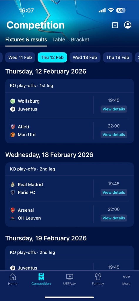 UEFA Women's Champions League - Fixtures and results screen of the UEFA Women's Champions League app showing upcoming knockout play-off matches.
