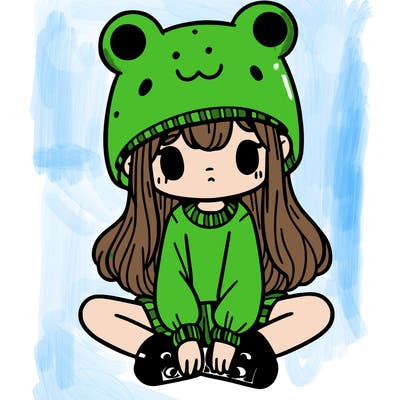 a girl wearing a frog hat and some frog socks
