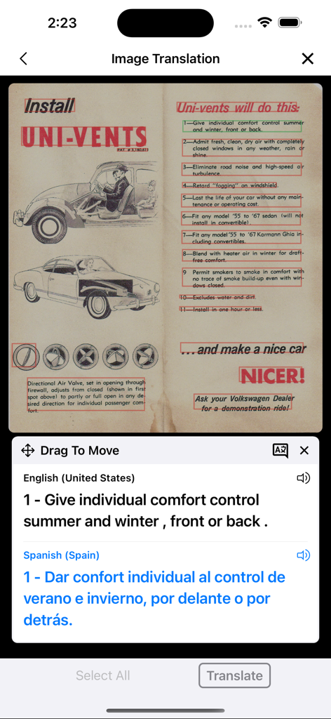 Instant Voice Translate app interface showing image scanning and translation from English to Spanish.