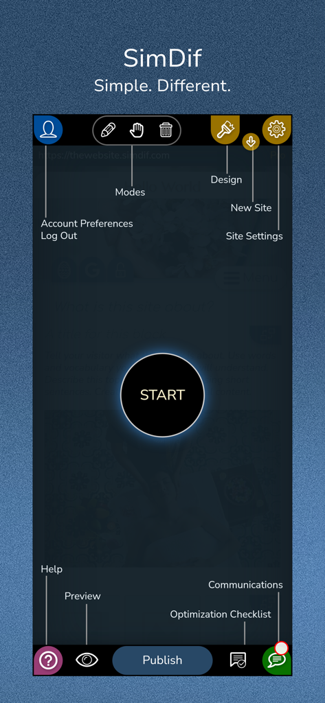 SimDif — Website Builder - Présentation de l'interface de l'éditeur d'applications mobiles SimDif, mettant en évidence les outils de conception et d'optimisation