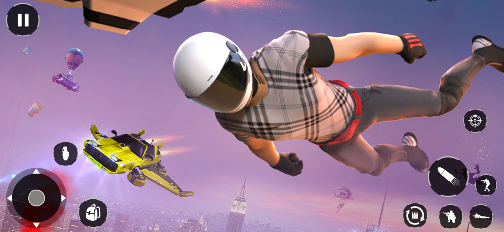 Clash Squads Battle Royale 3D - A character in a white helmet skydiving towards a city skyline with a flying car in Clash Squads Battle Royale 3D