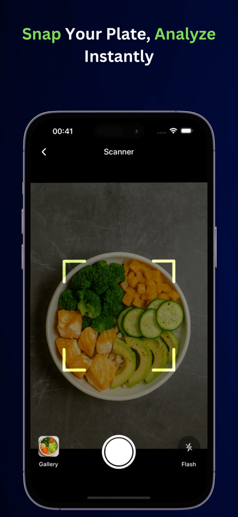 KCal - Calorie Tracker AI - Una pantalla de smartphone que muestra el escáner de alimentos IA de la aplicación KCal analizando un tazón de comida saludable con salmón y verduras.