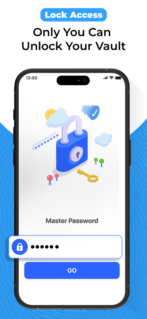 Password Manager & Generator - Master password login interface for securing a personal digital vault.