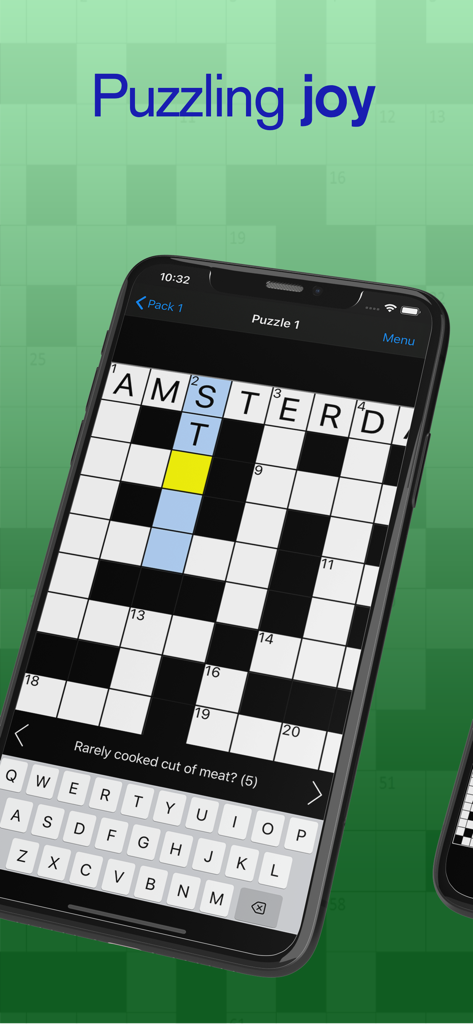 Cryptic Crossword - Gameplay screen of the Cryptic Crossword app showing a puzzle grid and a clue