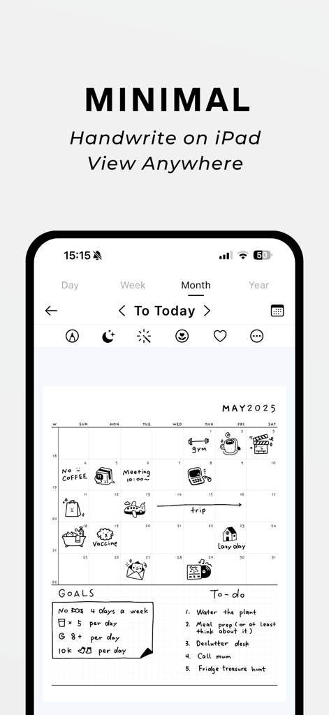 Mino: Minimal Journal & Diary - A minimalist handwritten monthly calendar and task list inside the Mino journal app.