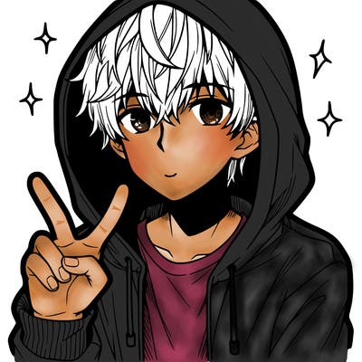 teenage manga boy in a hoodie, doing ✌