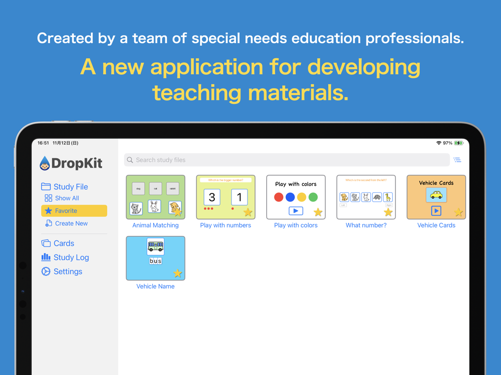 DropKit - DropKit app interface on iPad showing a library of personalized teaching materials for special education.