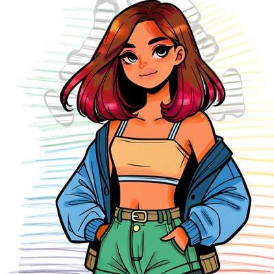 a realistic girl with a crop top and short shorts in an open jacket