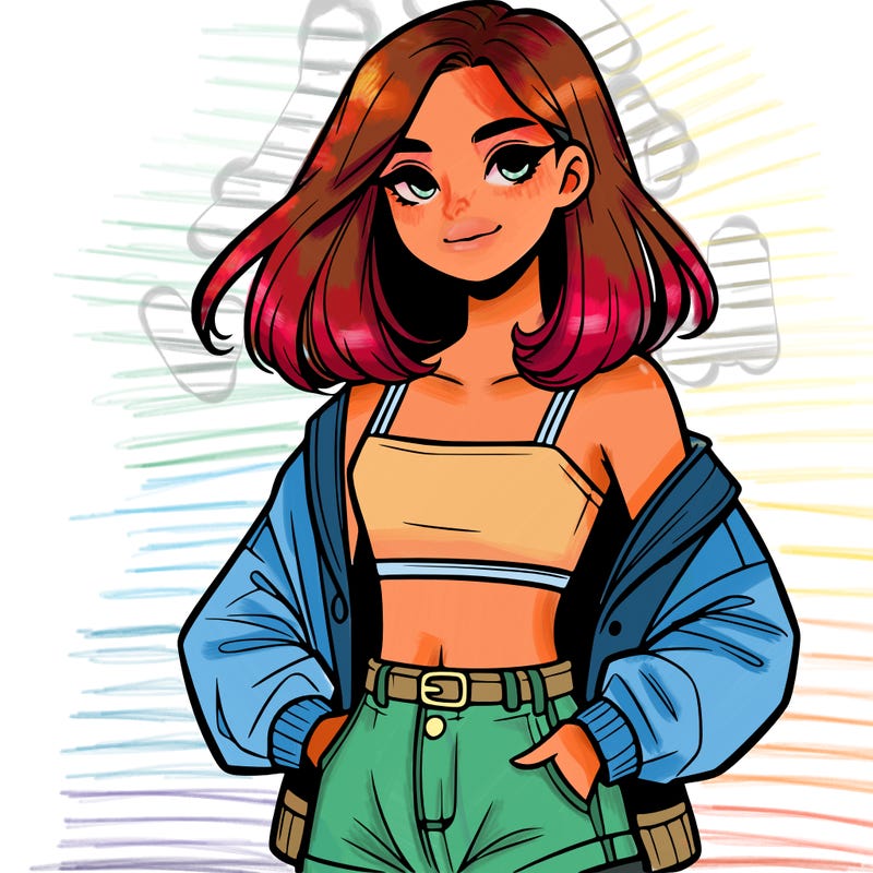 a realistic girl with a crop top and short shorts in an open jacket