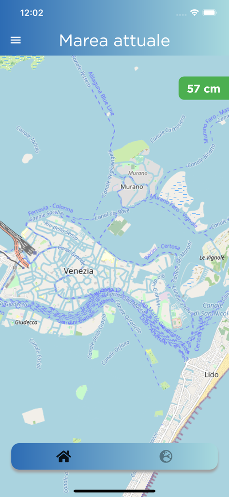 Mapa en tiempo real de Venecia en la aplicación Venice Tide que muestra un nivel de agua actual de 57 cm.