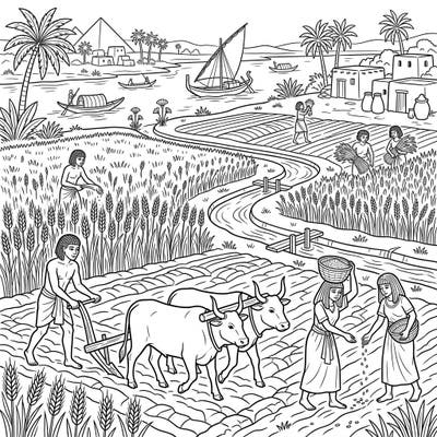 This detailed coloring page transports you to the fertile fields of ancient Egypt, where farmers and peasants diligently cultivate the land. Witness scenes of plowing, sowing, and harvesting along the iconic Nile River, ready for your creative touch.