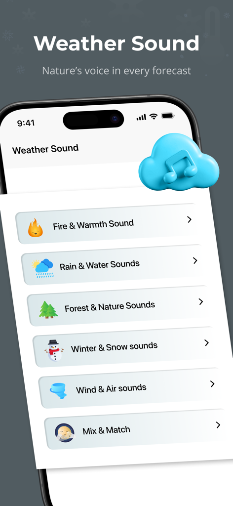 リラクゼーションと集中のための室温計アプリの自然音と天気音のカテゴリリスト。