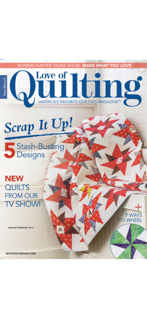 Cover of Love of Quilting magazine featuring star-patterned scrap quilts and stash-busting designs.