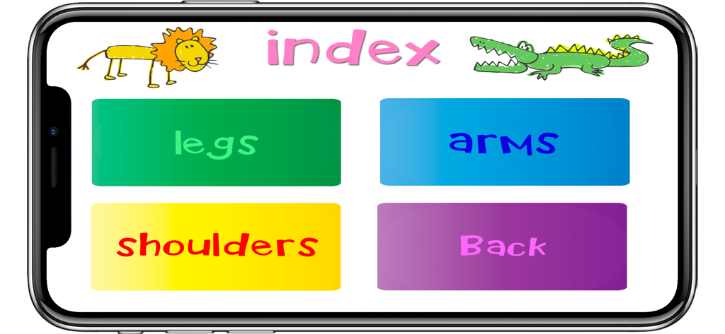 Index screen of the Wheelchair Exercises app showing exercise categories for legs arms shoulders and back with child-friendly illustrations