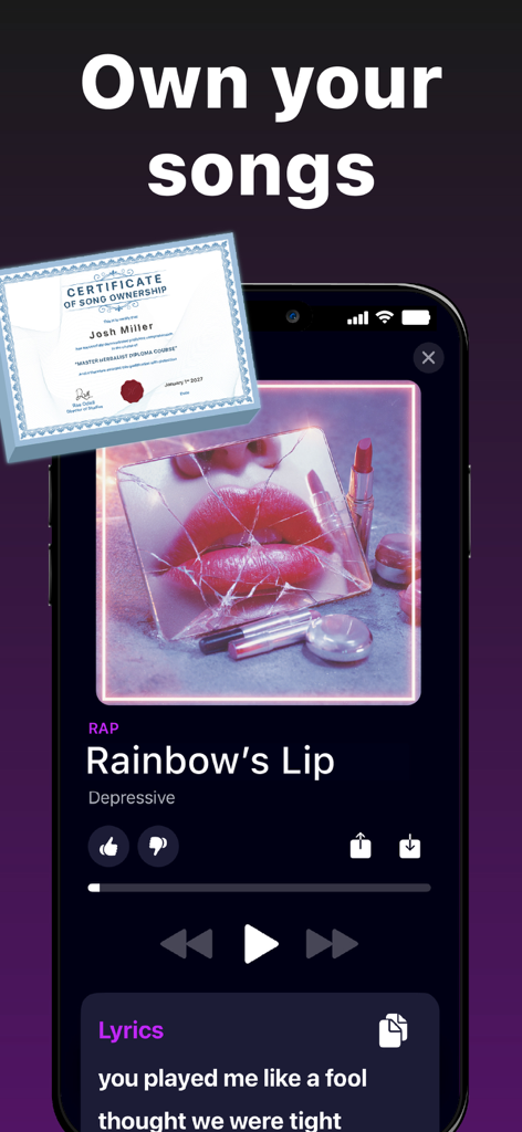 Banger app interface displaying a song ownership certificate and a music player with AI-generated rap lyrics