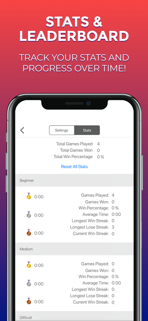 Minesweeper Classic game statistics and leaderboard screen on a mobile device