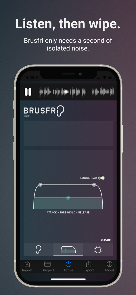 Brusfri - Brusfri noise reducer app interface on iPhone showing audio processing controls