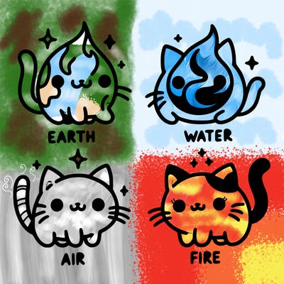 4 cats that represent the different elements, earth, water, air, and fire