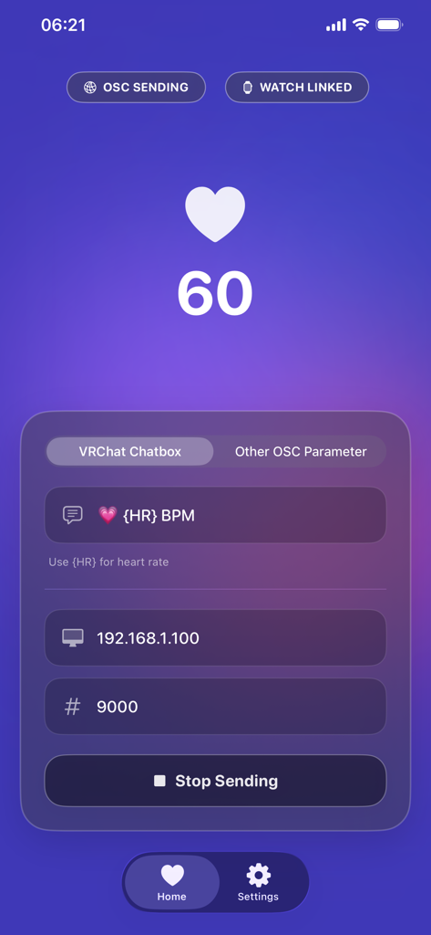 VRChatのリアルタイム心拍数と接続設定を表示するPulseOSCアプリインターフェース
