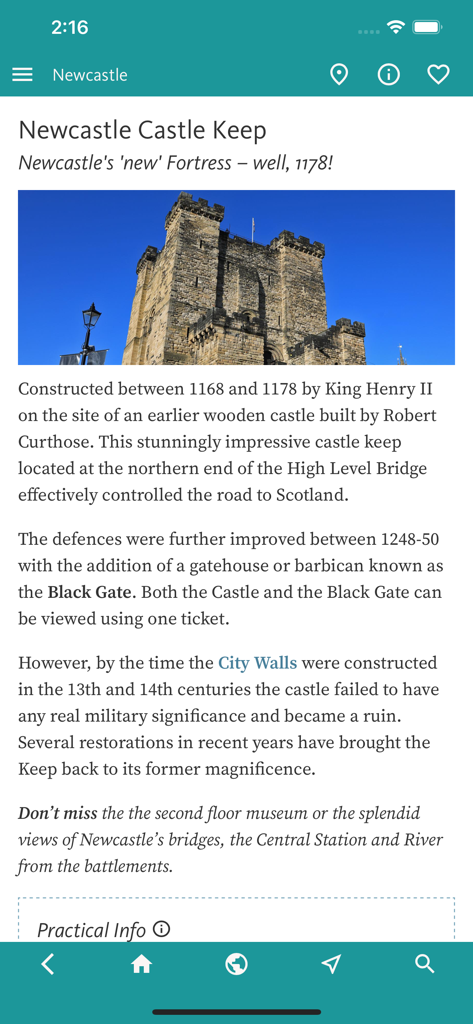 Screenshot des Eintrags für den Newcastle Castle Keep in der Newcastle Best Reiseführer-App.