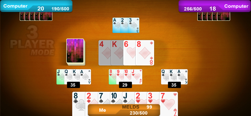 Rummy 500 Classic fun game - Interfaz del juego móvil Rummy 500 Classic mostrando una partida de cartas para tres jugadores con combinaciones y puntuaciones