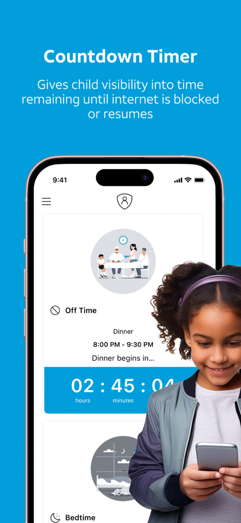 Screenshot of the AT&T Secure Family Companion app showing a countdown timer for scheduled internet off time during dinner.