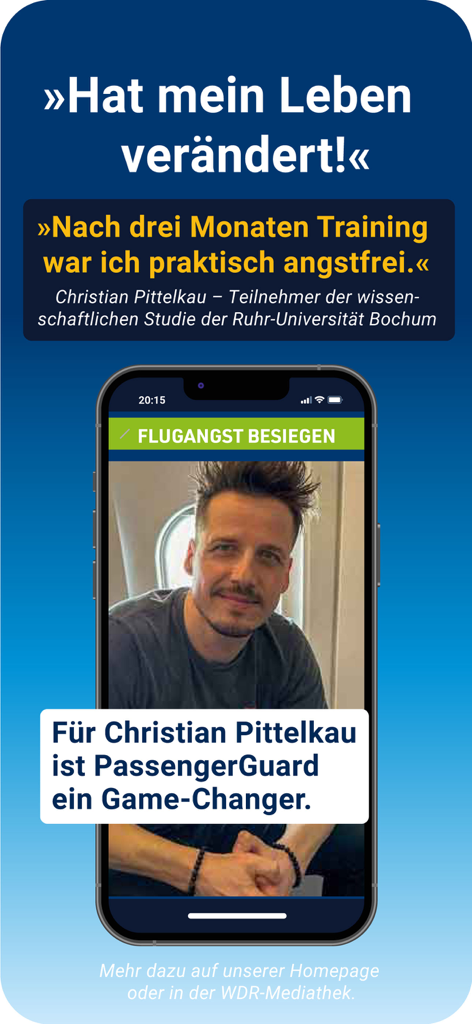 PassengerGuard: Flugangst - Captura de pantalla de un smartphone que muestra un testimonio de usuario para la aplicación PassengerGuard de ansiedad por volar.