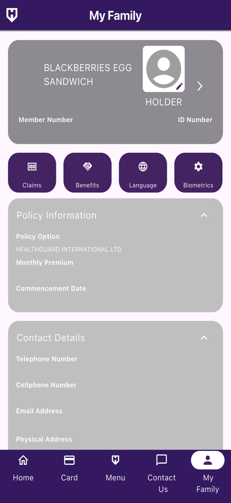 My Family screen in the Healthguard International app showing member profile, policy information, and contact details.