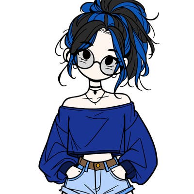girl with a messy ponytail glasses a baggy crop top and jean shorts