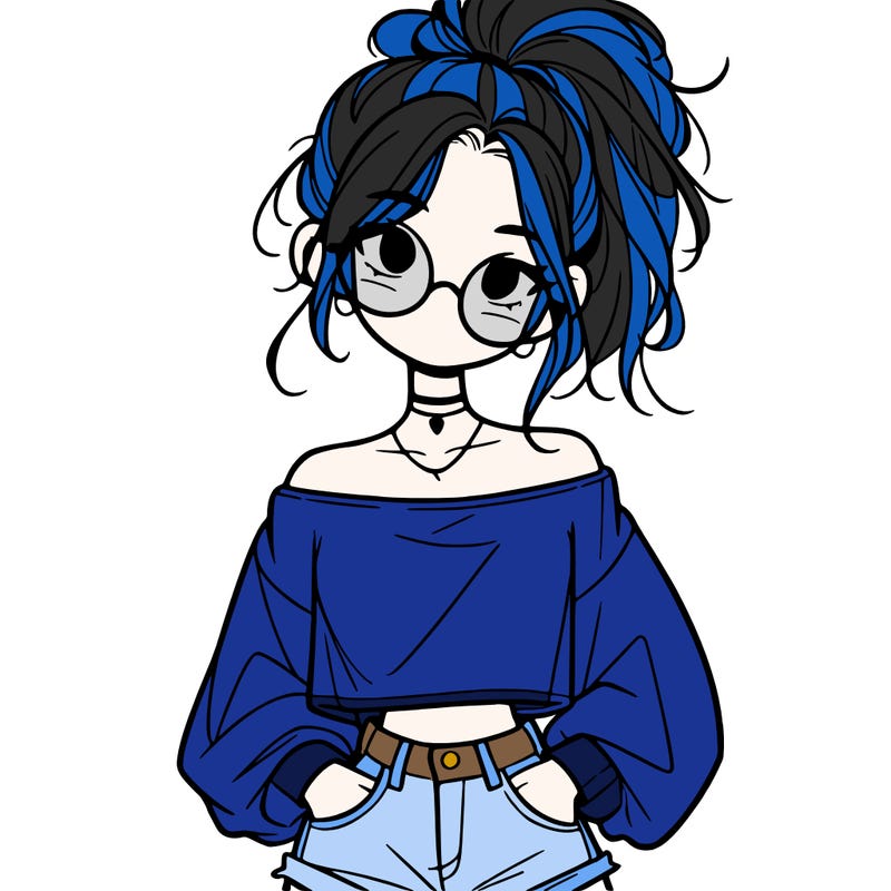 girl with a messy ponytail glasses a baggy crop top and jean shorts