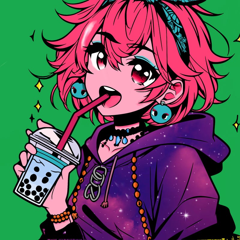 hot baddie anime girl drinking boba and biting the straw