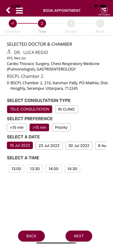 MAMATA Healthcare - Interface d'application mobile pour la planification d'un rendez-vous médical avec des options pour le type de consultation, la date et la sélection de l'heure