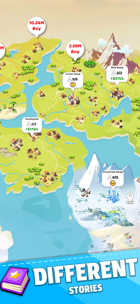 Family Life! - A colorful world map in Family Life showing different unlockable keeps and idle income stats.