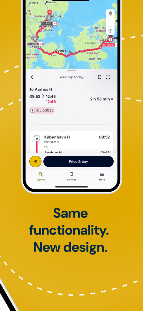 Rejseplanen NextGen app interface showing a journey from Copenhagen to Aarhus with a route map and trip duration.