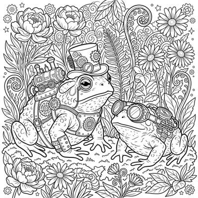 Embark on an extraordinary coloring journey with these dapper steampunk toads, elegantly dressed in gears and gadgets amidst a vibrant spring garden. This intricate design promises hours of creative fun, blending natural beauty with retro-futuristic charm.