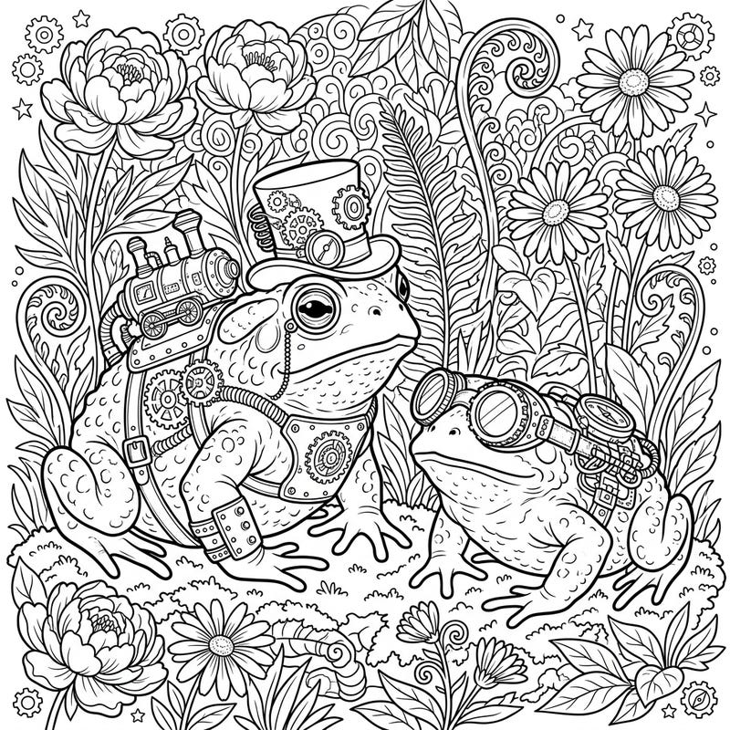 Embark on an extraordinary coloring journey with these dapper steampunk toads, elegantly dressed in gears and gadgets amidst a vibrant spring garden. This intricate design promises hours of creative fun, blending natural beauty with retro-futuristic charm.