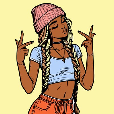 realistic teenage girl with braids and a beanie and crop top doing 🫶🏼